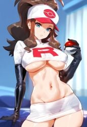 1girls ai_generated bedroom belly belly_button big_breasts blue_eyes brown_hair crop_top female female_focus female_only gloves hat indoors large_breasts midriff miniskirt navel nobaralover plump_breasts pokeball pokemon pokemon_trainer ponytail short_skirt skirt solo solo_focus tagme team_rocket thick_thighs thighs tight_clothes tight_clothing tube_skirt underboob wide_hips