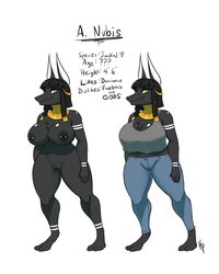 2017 anthro anubian_jackal big_breasts black_fur black_hair breasts canine clothing egyptian english_text female fur hair jackal jewelry kpnsfw mammal markings model_sheet nipples nude pants pierced_nipples pussy shirt smile solo