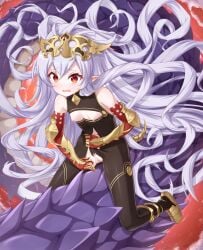 absurdres animal armor bare_shoulders black_bodysuit bodysuit breasts breasts_out censored clothing_cutout elbow_gloves female gauntlets giant_snake gloves gplnbeat hair_spread_out headpiece highres long_hair medusa_(shingeki_no_bahamut) nipples oerba_yun_fang open_mouth oversized_animal pointy_ears princess_connect! pussy red_eyes riding riding_animal slit_pupils small_breasts snake torn_bodysuit torn_clothes vambraces very_long_hair white_hair