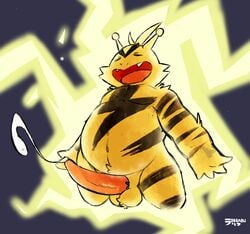 2017 animal_genitalia animal_penis anthro balls cum electabuzz electric electricity electrostimulation erection fur hi_res male male_only mammal nintendo nude open_mouth penis pokemon raburigaron simple_background solo tapering_penis tongue tongue_out video_games