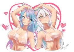 2girls adult adult_female animal_ear_fluff animal_ears areola_bulge armpits bare_armpits bare_arms bare_belly bare_chest bare_hands bare_midriff bare_navel bare_shoulders bare_skin belly belly_button black_fingernails black_nail_polish black_nails blue_eyebrows blue_eyes blue_eyes_female blue_fingernails blue_hair blue_hair_female blue_nail_polish blue_nails blush blush_face blushed_face blushing_face blushing_female breasts busty busty_female busty_girl cleavage closed_mouth_smile collarbone crop_top dot_nose elbows exposed_armpits exposed_arms exposed_belly exposed_chest exposed_midriff exposed_navel exposed_shoulders exposed_skin female female_focus female_only fingernails fingers hair_between_eyes head_tilt heart high_resolution highres indie_virtual_youtuber kuso_otoko large_breasts lean_body lean_figure lips long_hair mature mature_female midriff multiple_females multiple_girls nail_polish nails narrow_waist navel nipple_bulge parted_bangs parted_lips shoulders silvervale simple_background slender_body slender_waist slim_girl slim_waist smile smiley_face smiling smiling_at_viewer smirk standing thin_waist tilted_head topwear upper_body veibae virtual_youtuber vshojo wet_topwear white_background white_crop_top white_eyebrows white_hair white_hair_female white_topwear yellow_eyes yellow_eyes_female