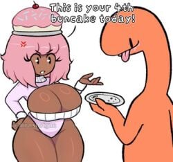 1boy 1girls angry big_thighs cake curvy curvy_female curvy_figure dark_skin dinosaur female food hat hira.shotgun hourglass_figure not_porn oc original_character pink_hair revealing_clothes text tongue