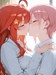 ahoge ai_generated big_breasts blush breast_press breasts closed_eyes earrings go-toubun_no_hanayome gotsuura hair_ornament hand_on_shoulder incest indoors kissing lesbian_kiss long_hair long_sleeves nakano_ichika nakano_itsuki pink_hair red_hair short_hair sisters twincest twins white_shirt yuri yuri