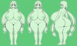 ai_generated ass_focus barefoot black_eyes from_behind full_body gigantic_ass gigantic_breasts green_eyes greyscale looking_back low_twintails monochrome multiple_views reference_sheet sketch smile stable_diffusion standing thick_thighs wide_hips yandere yandere_eyes young