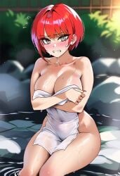 ai_generated danganronpa embarrassed embarrassed_nude_female freckles freckles_on_face koizumi_mahiru nude nude_female onsen red_hair towel