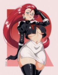adjusting_hair belly_button big_breasts black_gloves blue_eyes blush breasts closed_mouth earrings gloves jessie_(pokemon) lipstick long_hair no_bra pokemon red_hair skirt smile team_rocket_uniform thick_thighs thigh_boots underboob vizaz zettai_ryouiki