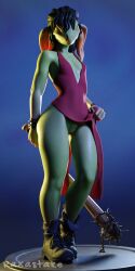 3d 3d_(artwork) baseball_bat big_ears black_hair boots female female_only flashing goblin gray_hair green_pussy green_skin labia large_ears lifting_dress looking_at_viewer pussy raxastake red_dress simple_background slit_pupils small_breasts tagme video yellow_eyes