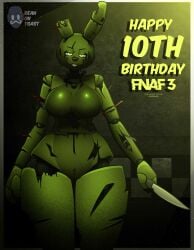 2025 2d 2d_(artwork) 2d_artwork animatronic animatronic_female artist_logo artist_name beanontoast big_breasts buckteeth female five_nights_at_freddy's five_nights_at_freddy's_3 genderswap_(mtf) green_eyes green_fur no_nipples rabbit rabbit_ears rabbit_girl robot robot_girl rule_63 solo springtrap_(fnaf) thick_thighs zombie zombie_girl