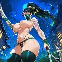 2d ai_generated akali female female_focus female_only highleg league_of_legends night panties ponytail solo solo_female solo_focus tagme topless topless_female