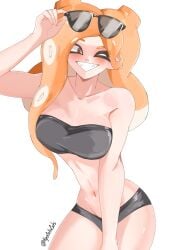 1girls arya_(kyocallscats) black_bikini blush blushing digital_drawing_(artwork) digital_media_(artwork) eyewear_on_head female female_focus female_only holding_eyewear holding_object kyocallscats nintendo octoling octoling_girl octoling_rival orange_hair smile smiling smiling_at_viewer splatoon splatoon_3 sunglasses sunglasses_on_hair teeth twitter_username watermark white_background