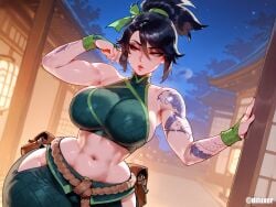 1girls ai_generated akali breasts difuxer female female_focus female_only huge_breasts large_breasts league_of_legends light-skinned_female light_skin looking_at_viewer midriff tattoos thick_thighs thighs wide_hips