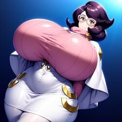 ai_generated alternate_body_type alternate_breast_size big_breasts breasts game_freak gigantic_breasts huge_breasts large_breasts minmin nintendo pokemon pokemon_(franchise) purple_hair short_hair wicke_(pokemon)