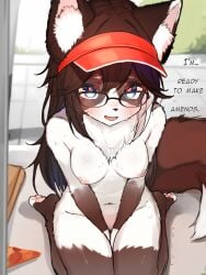 absurd_res anthro areola blue_eyes blush blush_lines breasts clothing container delivery_(commerce) delivery_employee detailed_background dipstick_tail domestic_cat english_text eyewear felid feline felis female fluffy fluffy_tail food fur hair hat headgear headwear hi_res inner_ear_fluff kemono lilkon long_hair looking_at_viewer mammal markings multicolored_body multicolored_fur nipples nude open_mouth paws pizza pizza_box sitting solo tail tail_markings text tuft