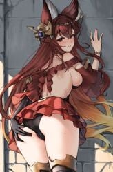 against_wall animal_ears anthuria ass erune exposed_back fox_ears fox_girl granblue_fantasy hair_ornament hand_on_butt koretsuki_azuma long_hair medium_breasts multicolored_hair panties red_eyes red_hair sideboob skirt sweat thigh_boots