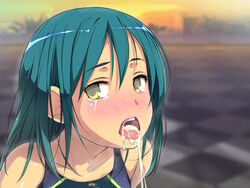 after_fellatio bare_arms bare_shoulders bijo_athlete_no_nikutai_shazai! blurry_background blush close-up crying cum cum_in_mouth female green_hair highres legs looking_at_viewer open_mouth original shiny shiny_hair shiny_skin short_hair sleeveless solo swimsuit tears thighs tongue yellow_eyes yoko_jyusuke