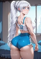 1girls 2d ai_generated ai_sensuality ass ass_focus big_ass big_breasts booty_shorts cleavage female female_only gym gym_shirt gym_shorts gym_uniform jlullaby_(style) light-skinned_female rear_view rwby slender_waist solo solo_focus tagme weiss_schnee wide_hips