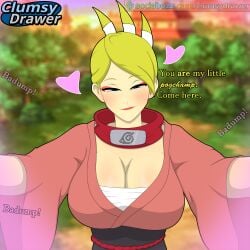 1girls artist_logo bangs blue_eyes blurry blurry_background blush breasts breeze_dancer cleavage clothing clumsydrawer english_language english_text female female_only forehead_protector heart huge_breasts kimono large_breasts lipstick looking_at_viewer makeup mature_female meme my_little_pogchamp_(meme) naruto naruto_online outdoors robe self_upload short_hair smile solo solo_female solo_focus text tied_hair traditional_clothes url wafuku wholesome yellow_hair