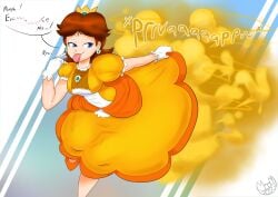 bare_legs blue_eyes brown_hair crown dirty_ass dress energetic fart farting_girl female female_only flatulance flipped_hair gassy gassy_female gassy_girl gloves high_heels leg_up legs mario_(series) moonsobsessions nintendo orange_heels princess princess_daisy sassy silly_face smelly_ass smile stinky_ass tomboy tongue tongue_out yellow_dress young young_female