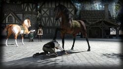 bowing dominant dominant_feral dominant_male domination/submission equid equine fantasy felicitydarkmare female feral group hi_res horse human kneeling male male/female mammal medieval peasant pinned pinned_to_ground submissive submissive_female submissive_human village