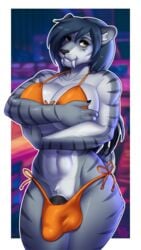 1futa 2017 alpha_channel anthro aolun_(character) bikini black_hair black_nose breasts bulge clothed clothing dickgirl fangs feline futanari hair hi_res intersex long_hair looking_at_viewer mammal penis penis_base porin saber-toothed_cat sabertooth_(feature) solo solo_futa stripes swimsuit yellow_eyes