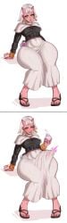 1futa 1girls erection_under_clothes female futanari futanari_transformation hidden_penis huge_cock lettuce_uwu oni oni_female oni_horns original original_character penis_growth pink_body potion sitting tenting thick_thighs white_hair