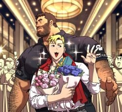 2boys bara black_hair blonde_hair blonde_hair bodyguard daddy dilf facial_hair faical_hair guard guardian idol light-skinned_male light_skin muscular muscular_male paparazzi protector size_difference unspoken_(firebreath110)