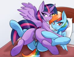 2016 absurd_res alicorn ambris anus ass bed bedroom_eyes blue_feathers blush clitoral clitoris dock duo equine eyelashes feathered_wings feathers female feral feral_on_feral friendship_is_magic hair half-closed_eyes hi_res hooves horn legs_up looking_at_viewer looking_back lying mammal missionary_position multicolored_hair multicolored_tail my_little_pony on_back on_bed pegasus pillow pink_eyes purple_eyes purple_feathers pussy rainbow_dash_(mlp) rainbow_hair rainbow_tail raised_tail seductive sex simple_background smile spread_legs spreading tribadism twilight_sparkle_(mlp) white_background wings yuri