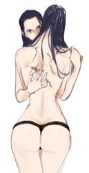 2girls artist_request ass back black_hair blue_eyes female female_only hips hugging long_hair looking_at_viewer multiple_girls nico_robin one_piece panties scars thighs together white_background