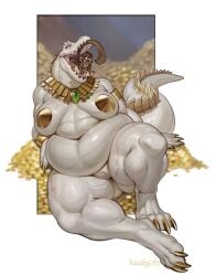 alligator alligatorid anthro anthro_only ass belly_rolls bodily_fluids butt_from_the_front coin crocodilian deep_navel digital_media_(artwork) female female_pred genitals gold_(metal) gold_coin haplorhine hi_res imminent_oral_vore imminent_vore in_mouth larger_anthro larger_female male male_prey mammal monkey navel nipple_covers on_tongue oral_vore overweight overweight_anthro overweight_female pasties pile_of_gold primate pussy raudegil reptile saliva scalie scar sharp_teeth sitting size_difference smaller_anthro smaller_male tail teeth thick_tail thick_thighs tongue treasure_hoard vore