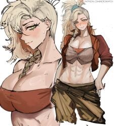 1girls 2d abs bare_stomach belly_button big_breasts blonde_hair blush bra braid capcom cleavage embarrassed embarrassed_expression embarrassed_female female female_only freckles freckles_on_face gemma_(monster_hunter_wilds) green_eyes long_hair looking_at_viewer monster_hunter monster_hunter_wilds muscular muscular_female neck nero_watch open_jacket side_eye six_pack solo standing sweatdrop sweating tagme thick_thighs tied_hair top wide_hips