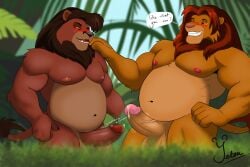 anthro anthro_only areola balls belly biceps blush bodily_fluids brown_body dialogue digital_media_(artwork) disney duo english_text erection felid forest fur gay genital_fluids genitals hair hand_on_shoulder hi_res humanoid_genitalia humanoid_penis kovu kovu_(the_lion_king) leaking_precum lion male male/male male_only mammal muscular muscular_anthro muscular_male navel nipples nude outside overweight overweight_anthro overweight_male pantherine pecs penis plant precum simba simba_(the_lion_king) smile speech_bubble standing tail teeth text the_lion_king tree yaoi yetsu