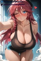 ai ai_assisted ai_generated anime artist_name asami_lilith bare_shoulders beret black_bra blue_eyes blush bra braid breasts cleavage collarbone dibzprintz dolphin_shorts fansly female hair_between_eyes hat heart hi_res high_quality high_resolution highres huge_breasts indoors large_breasts leaning_forward long_hair looking_at_viewer one_eye_closed puckered_lips red_hair short_shorts shorts side_braid solo sweat tank_top thigh_gap thighs trinity_seven underwear watermark