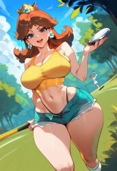 2d ai_generated big_breasts crown denim female female_focus female_only outdoors princess_daisy short_shorts shorts solo solo_female solo_focus tagme tanktop