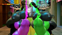 2futas 3d alternate_breast_size black_hair callie_(splatoon) closed_eyes clothed_female colored_cum cousins cumming cumming_together cumshot futa_only futanari green_penis huge_ass huge_belly huge_thighs hyper hyper_ass hyper_breasts hyper_penis inkling_futa intersex latex latex_suit marie_(splatoon) orgasm_face pink_penis posing smiling source_filmmaker spaghettis_(artist) splatoon squid_sisters unusual_cum unusual_penis white_hair