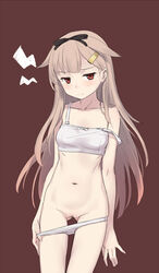 black_ribbon blonde_hair brown_background censored cnm collarbone female hair_flaps hair_ornament hair_ribbon hairclip kantai_collection long_hair mosaic_censoring panties pussy red_eyes remodel_(kantai_collection) ribbon simple_background solo underwear white_panties yuudachi_(kantai_collection)