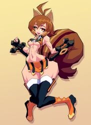 animal_ears blazblue blsh brown_hair fit_female makoto_nanaya miniskirt orange_eyes tagme thick_thighs tonfa underboob