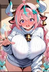 1girl ai ai_generated ai_generated_background big_breasts breasts breasts_out cowgirl female female_focus genshin_impact horns huge_breasts large_breasts thick thick_thighs varesa varesa_(genshin_impact)