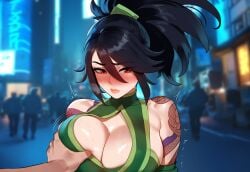 1female 1girls ai_generated akali blush blush boob_squish breast_grab breasts breasts embarrassed female flustered front_view grabbing grabbing_breast groping groping_breast league_of_legends miyuai public public_indecency riot_games sweat sweatdrop sweaty sweaty_breasts tattoo tattooed_arm tattoos