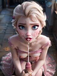 1boy 1girls ai_generated blonde_female blonde_hair blowjob blue_eyes breasts cum cum_in_mouth cum_on_body cum_on_breasts cum_on_face cumshot dick disney disney_channel disney_princess ejaculate elsa_(frozen) female frozen_(film) frozen_2 male nipples on_knees partially_clothed penis semen sperm straight testicles