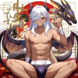 1boy ai_generated bulge bulge_through_clothing cyno_(genshin_impact) dragon_boy dragon_horns dragon_tail dragon_wings gay genshin_impact horns male male_focus shirtless solo solo_male speedo toned_male white_hair wings yaoi