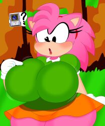 1girls 2023 2d 2d_(artwork) 3barts amy_rose big_thighs black_eyes blush breasts breasts_bigger_than_head classic_amy_rose female female_only furry furry_female furry_only gloves green_clothing huge_breasts jiggle lipstick pink_body sega skirt solo_female sonic_(series) touching_breast