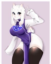 1girls anthro breasts clothed clothing curvy cute exhorsecat female female_only furry goat milf simple_background skimpy solo stockings thighhighs toriel undertale v wide_hips