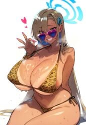 1girls ai_generated asuna_(blue_archive) big_breasts blue_archive gyaru halo hand_gesture heart_sunglasses leopard_print_bikini mole_on_breast pahupahu_jk sweating tanned_female tanned_skin