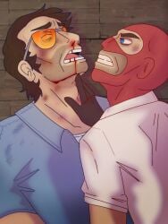 blood blue butterfly_knife clothes_on injury male/male mask red sniper sniper_(team_fortress_2) spy spy_(team_fortress_2) sweat team_fortress_2 tf2 whump