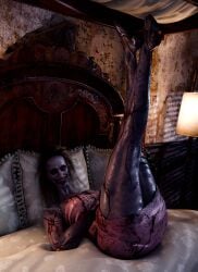 1girls blood creepy creepy_smile dress horror junji_ito legs_up looking_at_viewer macabre mature mature_female milf miss_fuchi nightmare_fuel nightmare_waifu on_bed pov pov_eye_contact scary scary_face solo solo_female tall_female vexonair