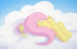 2015 anus ass casual_nudity cloud crombie equine feathered_wings feathers female feral fluttershy_(mlp) friendship_is_magic hair mammal my_little_pony nude pegasus pink_hair pussy solo wings yellow_feathers