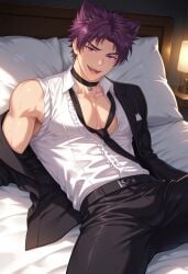 anime anime_boy bed bedroom blush camp_buddy cat_ears clothed hands_behind_head horny horny_male laying_down laying_on_bed looking_at_viewer no_nude pillow pleasure_face purple_eyes purple_hair sexy_body spicyboi suit suit_and_tie teenager tounge_out yoichi_yukimura young yukimura_yoichi