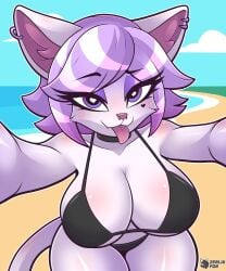 1girls 2025 absurd_res anthro beach big_breasts bikini bikini_top blue_eyes blue_hair blush body_blush breast_blush breasts britney_(chaclaveloz) clothing collar conditional_dnp digital_media_(artwork) domestic_cat ear_piercing eyelashes eyeliner felid feline felis female fur furry furry_female furry_only hair happy heart_eyes heart_symbol hi_res looking_at_viewer makeup mammal piercing ring_piercing sea seductive selfie signature solo swimwear three-quarter_view two-piece_swimsuit water white_body wide_hips zerlix_fox