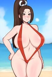 1girls ai_generated beach big_breasts bikini breasts fatal_fury female female_only gigantic_breasts huge_breasts king_of_fighters long_hair looking_at_viewer mai_shiranui sling_bikini slingshot_swimsuit snk sweat thick_thighs water