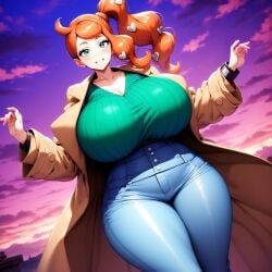 1girls ai_generated big_breasts breasts cleavage coat collar collarbone female game_freak green_eyes green_shirt heart huge_breasts jeans large_breasts light-skinned_female light_skin massive_breasts minmin nintendo orange_hair pokemon pokemon_ss solo solo_female solo_focus sonia_(pokemon)